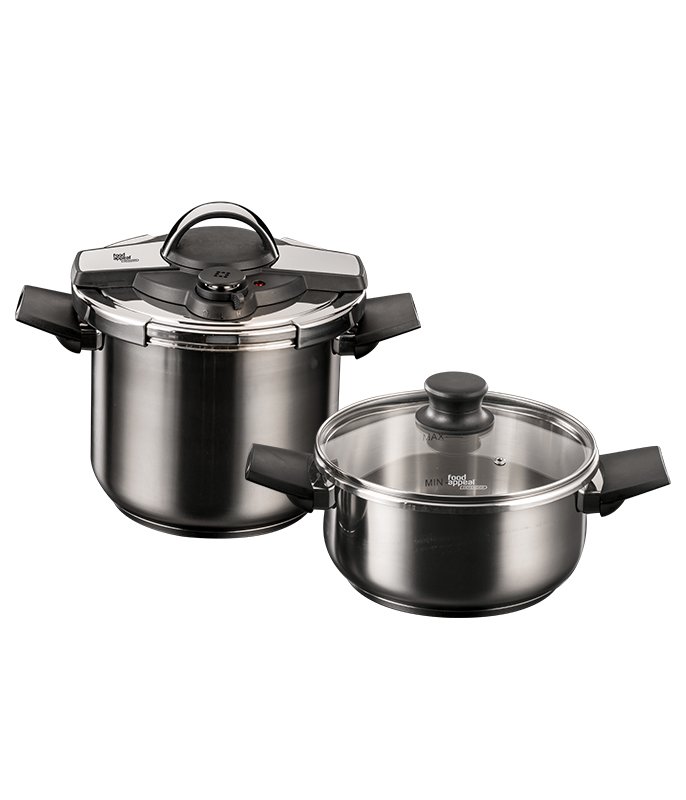 5-piece set: Pressure cookers (7L and 4L) + Defender steaming basket with Active Shield technology